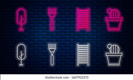 Set line Garden rake, Wooden staircase, Tree and Cactus and succulent in pot. Glowing neon icon on brick wall. Vector