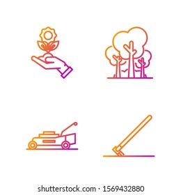 Set line Garden rake in work, Lawn mower, Hand holding flower and Trees. Gradient color icons. Vector