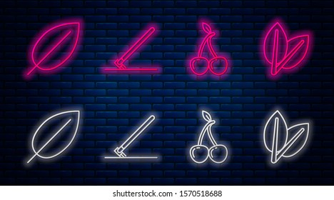 Set line Garden rake in work, Cherry, Leaf and Leafs. Glowing neon icon on brick wall. Vector