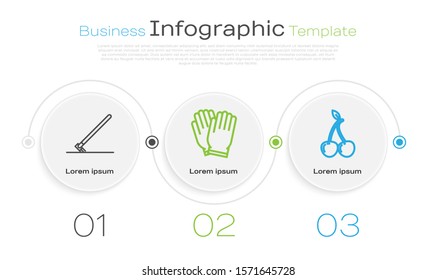 Set line Garden rake in work, Garden gloves and Cherry. Business infographic template. Vector