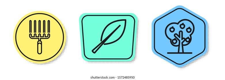 Set line Garden rake in work, Leaf and Tree with apple. Colored shapes. Vector