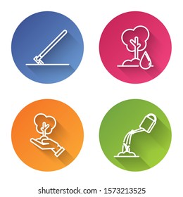 Set line Garden rake in work, Watering Tree, Tree in hand of environmental protection and Watering can with water. Color circle button. Vector