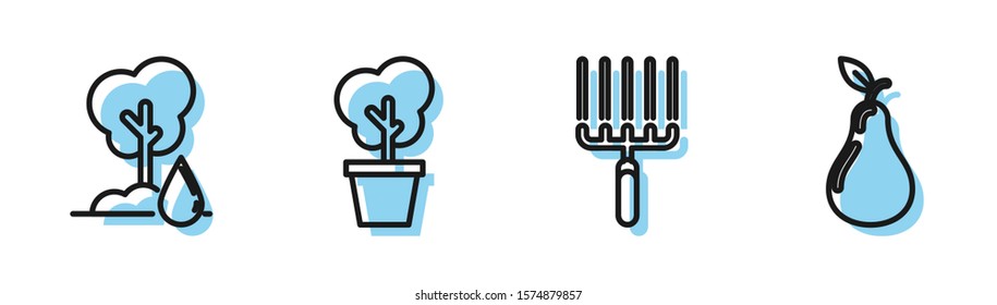 Set line Garden rake in work, Watering Tree, Tree in pot and Pear icon. Vector