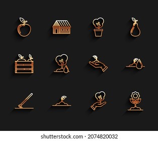 Set line Garden rake in work, Sprout, Apple, Tree hand of environmental protection, Flower, Watering, sprout and  icon. Vector