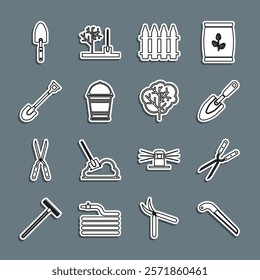 Set line Garden saw, Gardening handmade scissor, trowel spade shovel, fence, Bucket,  and Tree icon. Vector