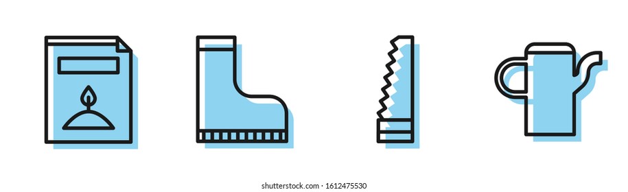 Set line Garden saw, A pack full of seeds of a specific plant, Waterproof rubber boot and Watering can icon. Vector
