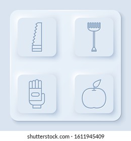 Set line Garden saw, Garden rake, Garden gloves and Apple. White square button. Vector