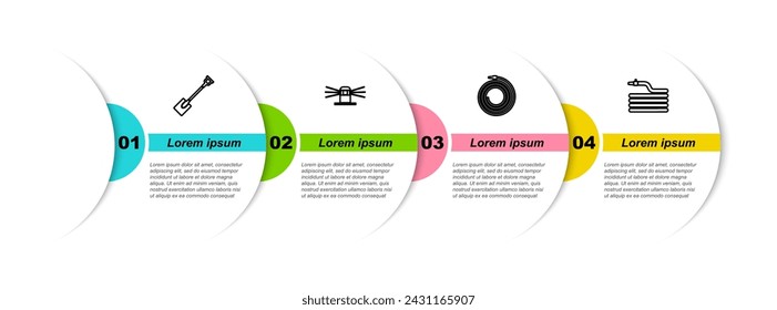 Set line Garden shovel, Automatic irrigation sprinklers, hose or fire hose and . Business infographic template. Vector