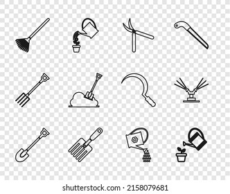 Set line Garden shovel, Watering can, Gardening handmade scissor, fork, rake leaves, Shovel the ground,  and Automatic irrigation sprinklers icon. Vector