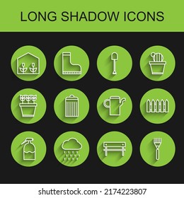 Set line Garden sprayer, Cloud with rain, Home greenhouse and plants, Bench, rake, Trash can, fence wooden and Watering icon. Vector