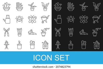 Set line Garden sprayer for fertilizer, Spraying plant, Wheelbarrow with dirt, Plant pot, Beetle bug, Watering can, Cactus peyote and Butterfly icon. Vector