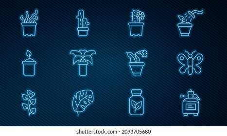 Set line Garden sprayer for fertilizer, Butterfly, Cactus peyote in pot, Exotic tropical plant, Sprout bottle, Flower and  icon. Vector