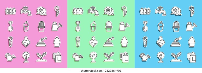 Set line Garden sprayer for fertilizer, Cactus peyote in pot, Watering can, Flower, Acorn, Shovel, fence wooden and  icon. Vector