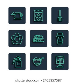 Set line Garden sprayer for fertilizer, Wheelbarrow with dirt, Tree, rake, Wooden logs, Flower, Watering can and light lamp icon. Vector
