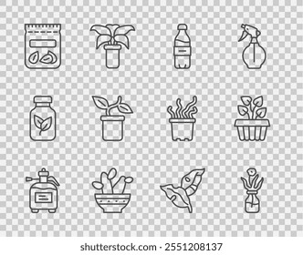 Set line Pulverizador de jardín para fertilizante, Flor en botella de vidrio, Botella de agua, Cactus peyote pot, Pack full seeds plant, Planta, Hojas tropicales e icono de hiedra interior. Vector