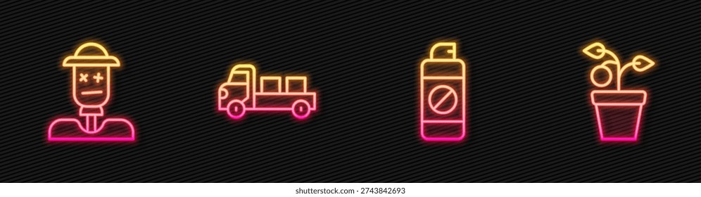 Set line Garden sprayer for fertilizer, Scarecrow, Pickup truck and Plant in pot. Glowing neon icon. Vector