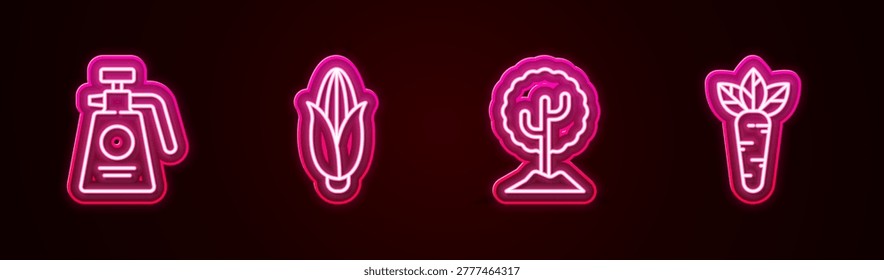 Set line Garden sprayer for fertilizer, Corn, Tree and Carrot. Glowing neon icon. Vector
