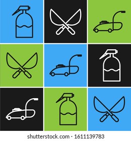 Set line Garden sprayer, Lawn mower and Gardening handmade scissors icon. Vector