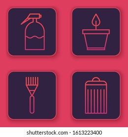 Set line Garden sprayer, Garden rake, Plant in pot and Trash can. Blue square button. Vector