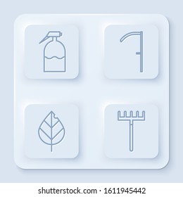 Set line Garden sprayer, Scythe, Leaf and Garden rake. White square button. Vector