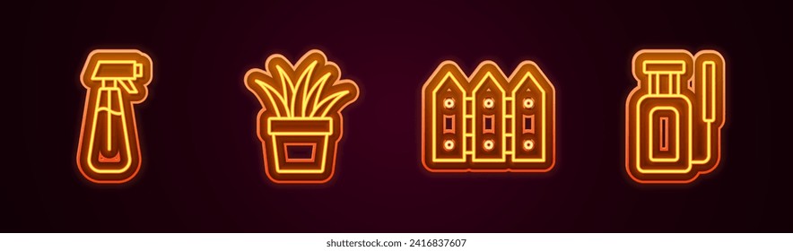 Set line Garden sprayer for water, Plant in pot, fence wooden and . Glowing neon icon. Vector