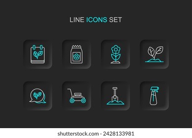 Set line Garden sprayer for water, Shovel, Lawn mower, Leaf, Sprout, Flower, Pack full of seeds and Calendar with autumn leaves icon. Vector