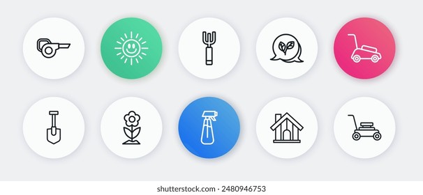 Rociador de jardín para agua, cortadora de césped, pala, casa de campo, hoja, horca e icono de flor. Vector