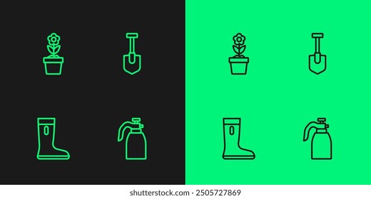 Set line Garden sprayer for water, Waterproof rubber boot, Flower in pot and Shovel icon. Vector