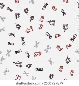 Set line Garden sprayer for water, Wheelbarrow, Gardening scissors and hose on seamless pattern. Vector