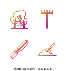 Set line Garden trowel spade or shovel in the ground, Gardening handmade scissors for trimming, Trees and Garden rake. Gradient color icons. Vector