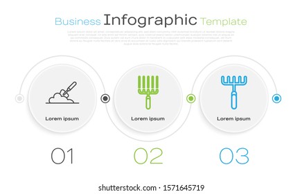 Set line Garden trowel spade or shovel in the ground, Garden rake in work and Garden rake. Business infographic template. Vector