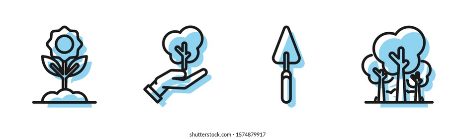 Set line Garden trowel spade or shovel, Flower, Tree in hand of environmental protection and Trees icon. Vector