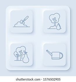 Set line Garden trowel spade or shovel in the ground, Watering Tree, Tree with pears and Watering can. White square button. Vector