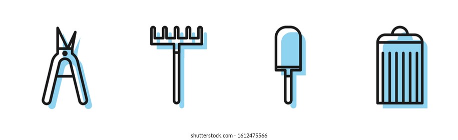 Set line Garden trowel spade or shovel, Gardening handmade scissors, Garden rake and Trash can icon. Vector