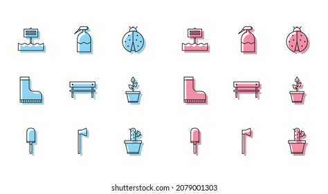 Set line Garden trowel spade or shovel, Wooden axe, Blank wooden sign board, Cactus and succulent in pot, Bench, Plant, Waterproof rubber boot and sprayer icon. Vector