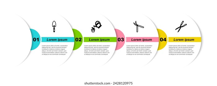 Set line Garden trowel spade or shovel, Watering can, Gardening handmade scissor and . Business infographic template. Vector