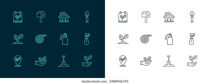 Set line Garden trowel spade or shovel, Leaf in hand, sprayer for water, Shovel, hose, Farm house, Calendar with autumn leaves and Bird icon. Vector