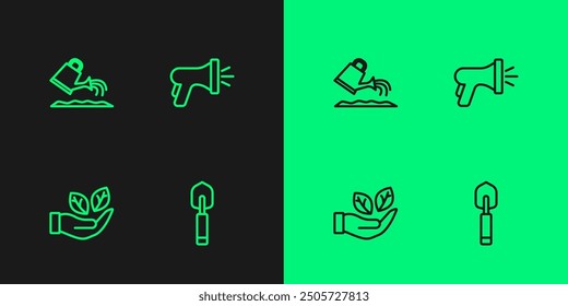 Set line Garden trowel spade or shovel, Leaf in hand, Watering can and hose icon. Vector