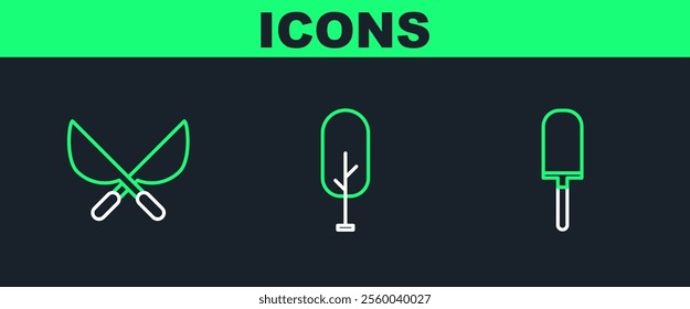 Set line Garden trowel spade or shovel, Gardening handmade scissors and Tree icon. Vector