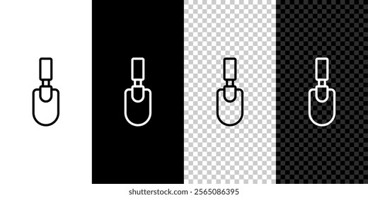 Set line Garden trowel spade or shovel icon isolated on black and white background. Gardening tool. Tool for horticulture, agriculture, farming.  Vector