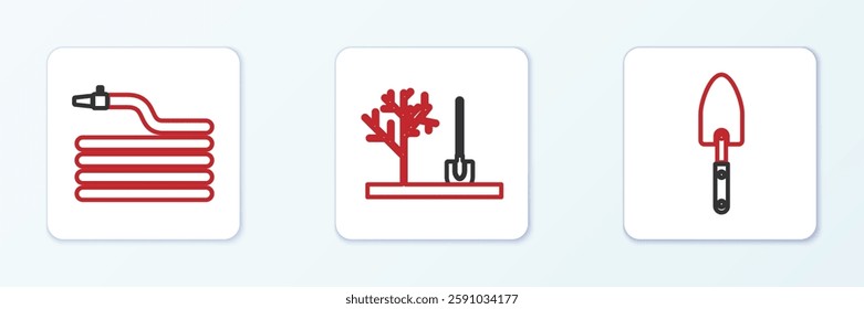 Set line Garden trowel spade or shovel, hose fire hose and Planting tree in the ground icon. Vector