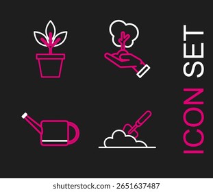 Set line Garden trowel spade or shovel in the ground, Watering can, Tree hand of environmental protection and Flowers pot icon. Vector