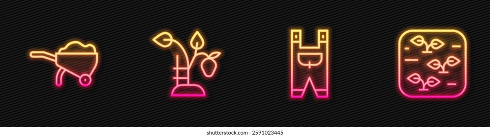 Set line Garden worker clothes, Wheelbarrow with dirt, Strawberry bush and Plant. Glowing neon icon. Vector