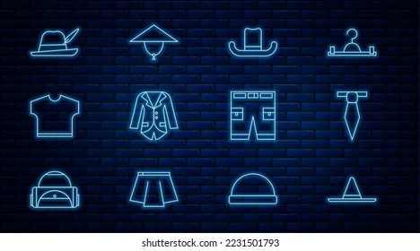 Set line Gardener worker hat, Tie, Man, Blazer jacket, T-shirt, Oktoberfest, Short pants and Asian conical icon. Vector
