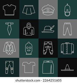 Set line Gardener worker hat, T-shirt, Sport pants, Police cap with cockade, Hoodie, Tie,  and Oktoberfest icon. Vector