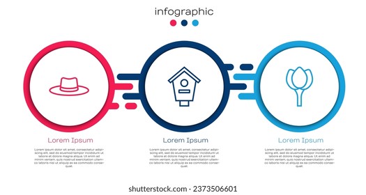 Set line Gardener worker hat, Bird house and Flower tulip. Business infographic template. Vector
