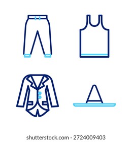 Sombrero del trabajador del jardinero, chaqueta del blazer, camiseta sin mangas y icono de los pantalones del deporte. Vector