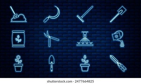 Set line Gardening handmade scissor, Watering can, rake, Fertilizer bag, Shovel the ground, Automatic irrigation sprinklers and Sickle icon. Vector