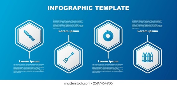Set line Gardening handmade scissor, shovel, hose fire hose and fence. Business infographic template. Vector