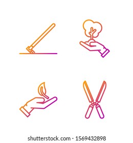 Set line Gardening handmade scissors for trimming, Sprout in hand of environmental protection, Garden rake in work and Tree in hand of environmental protection. Gradient color icons. Vector